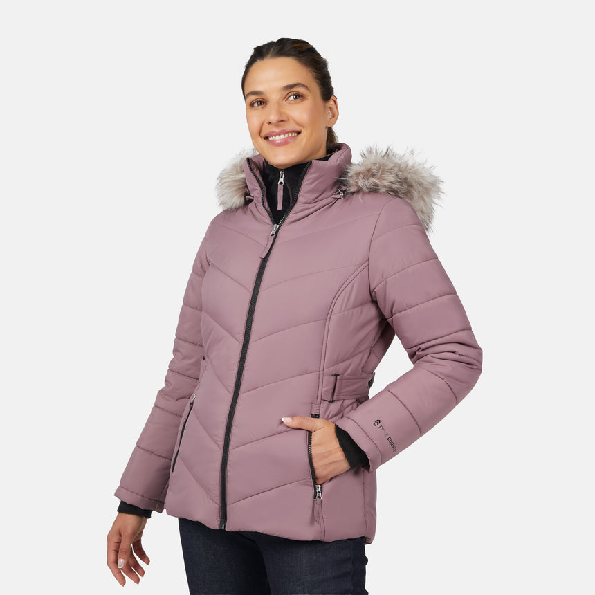 [Olga is 5'9" wearing size S.] Model wearing pink quilted jacket with faux fur hood and attached bib — layered warmth and stylish silhouette for winter outings