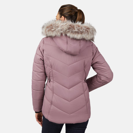 [Olga is 5'9" wearing size S.] Model wearing pink quilted jacket with faux fur hood and attached bib — layered warmth and stylish silhouette for winter outings