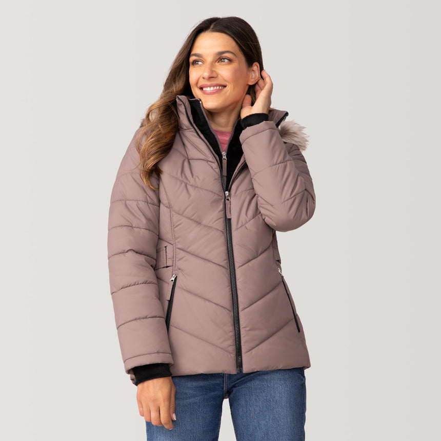 [Olga is 5’9" wearing a size Small.] Women's Unstoppable II Poly Air Touch Jacket - S - Taupe #color_taupe