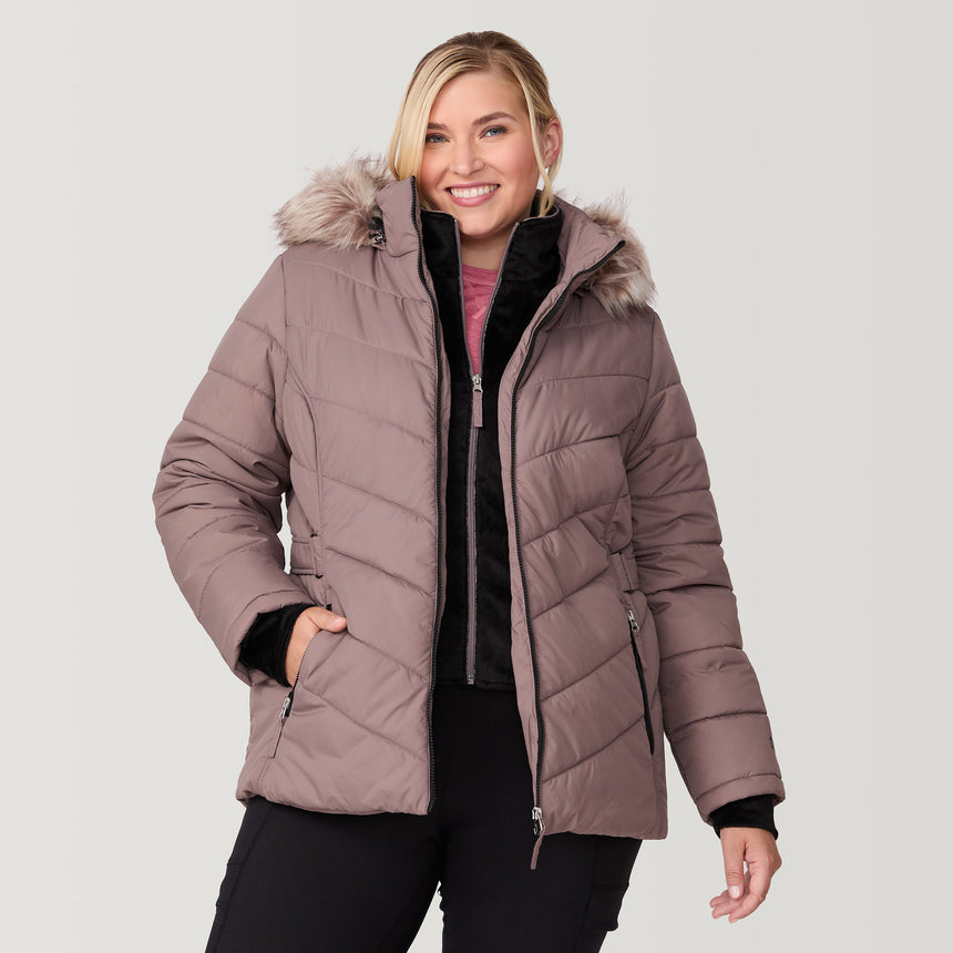 [Lola is 5'10.5" wearing a size 1X.] Women's Plus Size Unstoppable II Poly Air Touch Jacket - 1X - Taupe #color_taupe