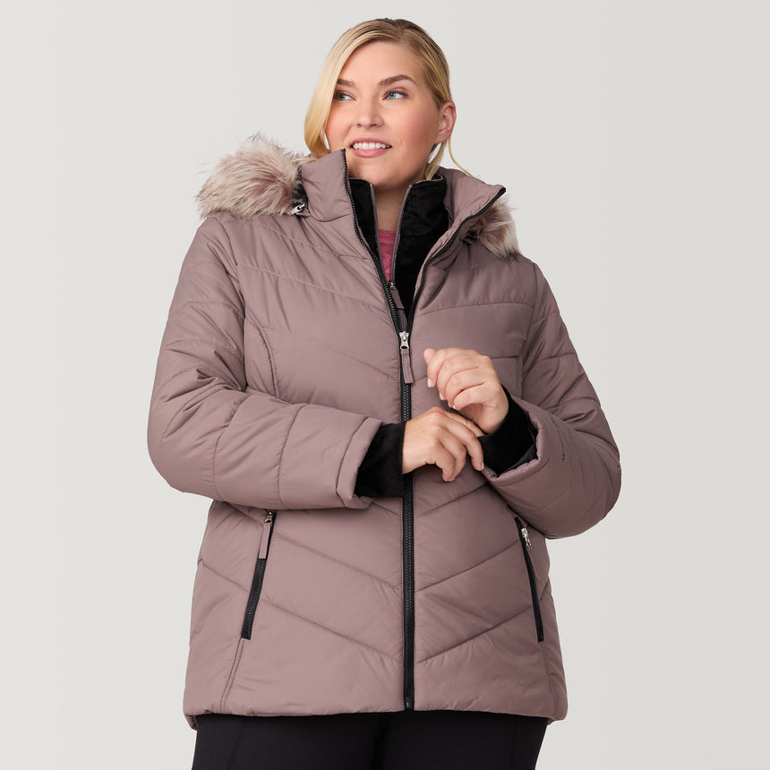 [Lola is 5'10.5" wearing a size 1X.] Women's Plus Size Unstoppable II Poly Air Touch Jacket - 1X - Taupe #color_taupe