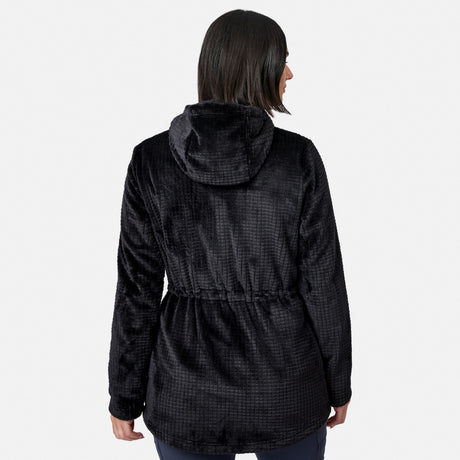 A person with shoulder-length dark hair is seen from the back wearing the Free Country Women’s Grid Butter Pile® Anorak Jacket, photographed against a plain white background.