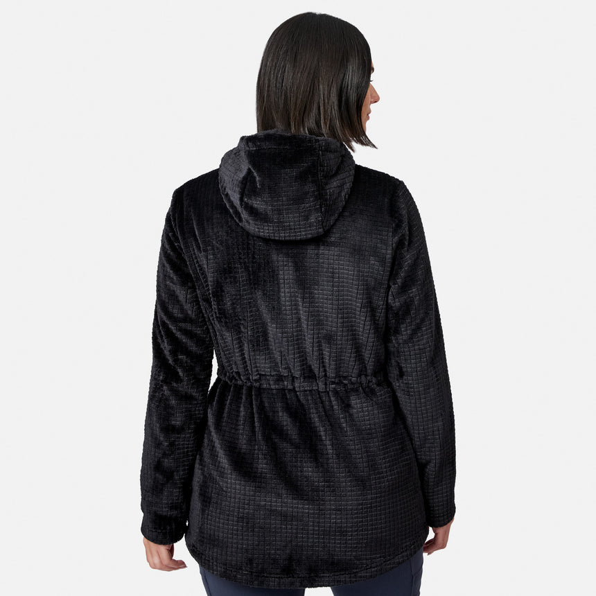 A person with shoulder-length dark hair is seen from the back wearing the Free Country Women’s Grid Butter Pile® Anorak Jacket, photographed against a plain white background.