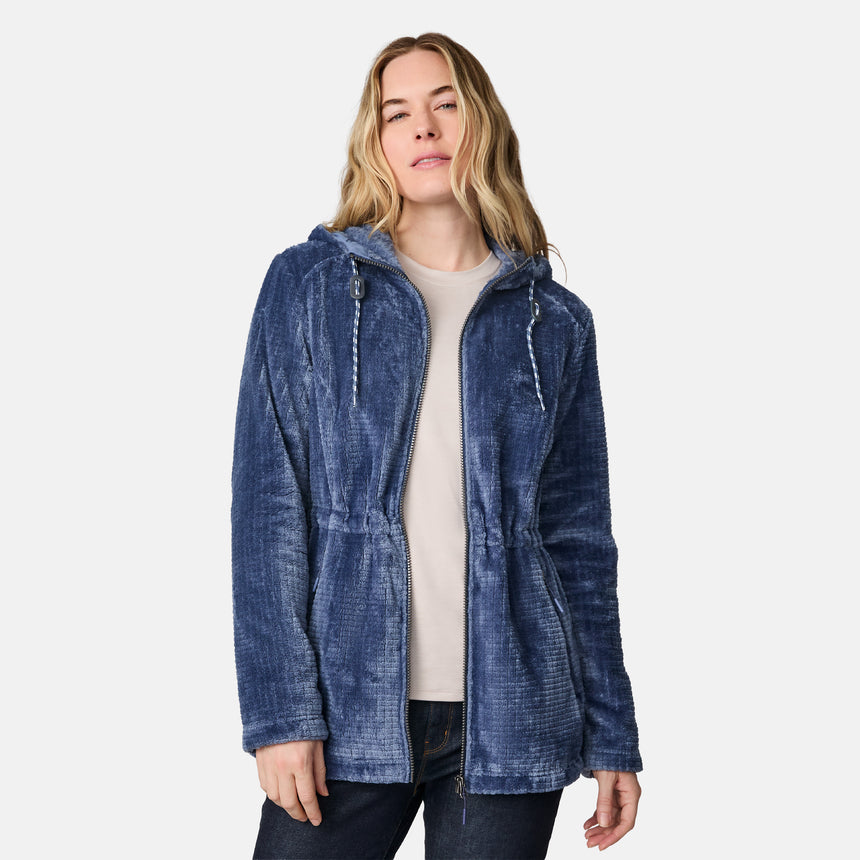 [CJ is 5'10" wearing size S.] Women’s Free Country plush blue hooded jacket with full zip-front closure, adjustable drawstring hood, elastic cinched waistband, and dual side pockets—designed for cozy comfort and casual style.