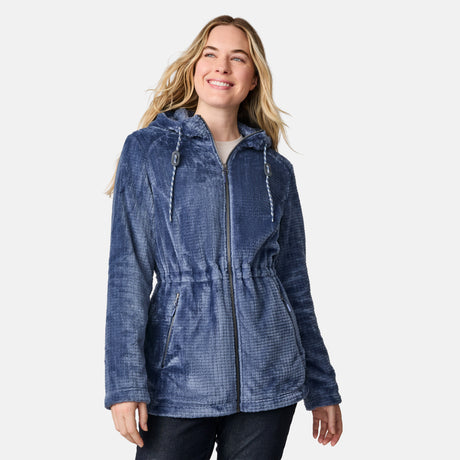 [CJ is 5'10" wearing size S.] Women’s Free Country plush blue hooded jacket with full zip-front closure, adjustable drawstring hood, elastic cinched waistband, and dual side pockets—designed for cozy comfort and casual style.