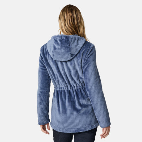 [CJ is 5'10" wearing size S.] Women’s Free Country plush blue hooded jacket with full zip-front closure, adjustable drawstring hood, elastic cinched waistband, and dual side pockets—designed for cozy comfort and casual style.