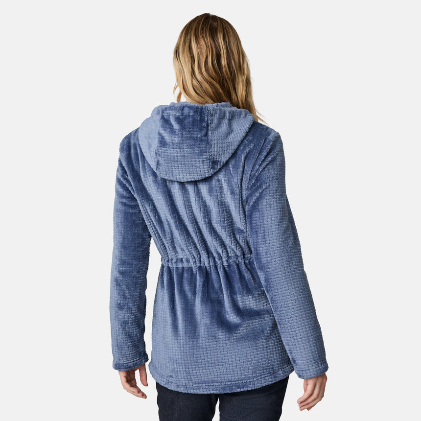 [CJ is 5'10" wearing size S.] Women’s Free Country plush blue hooded jacket with full zip-front closure, adjustable drawstring hood, elastic cinched waistband, and dual side pockets—designed for cozy comfort and casual style.