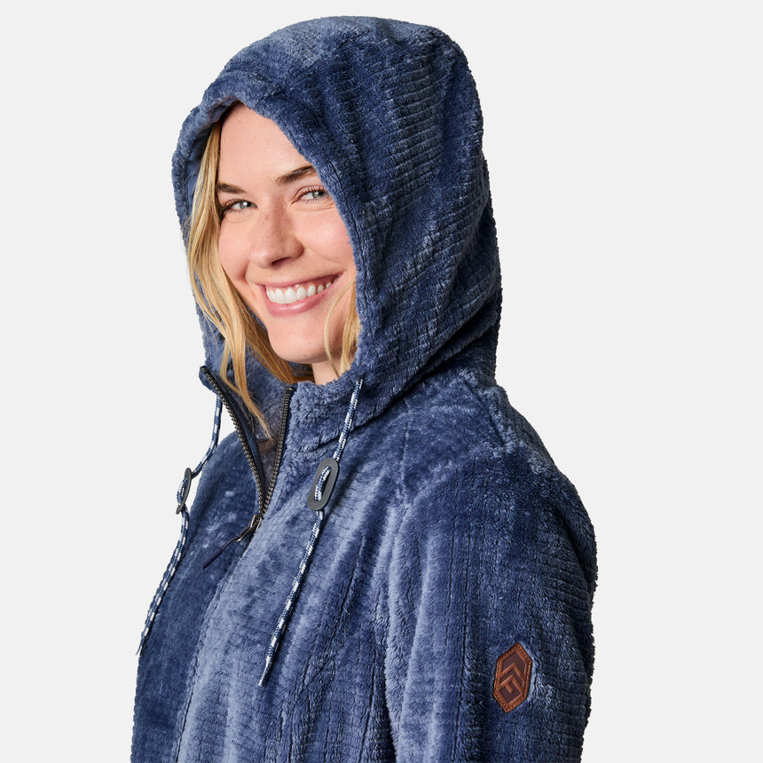 [CJ is 5'10" wearing size S.] Women’s Free Country plush blue hooded jacket with full zip-front closure, adjustable drawstring hood, elastic cinched waistband, and dual side pockets—designed for cozy comfort and casual style.