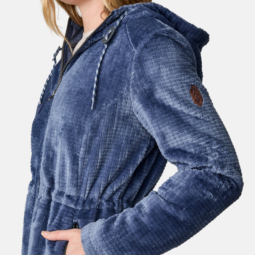 [CJ is 5'10" wearing size S.] Women’s Free Country plush blue hooded jacket with full zip-front closure, adjustable drawstring hood, elastic cinched waistband, and dual side pockets—designed for cozy comfort and casual style.