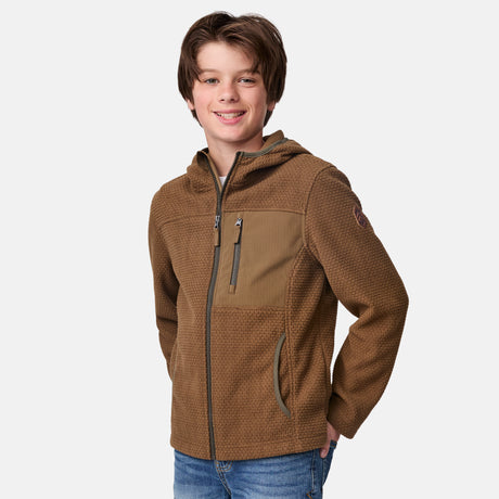 [River is wearing size M.] Child wearing a brown jacket on a white background