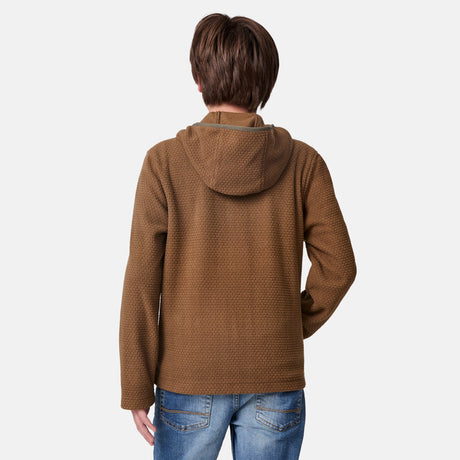 [River is wearing size M.] Person wearing a brown textured hoodie on a white background