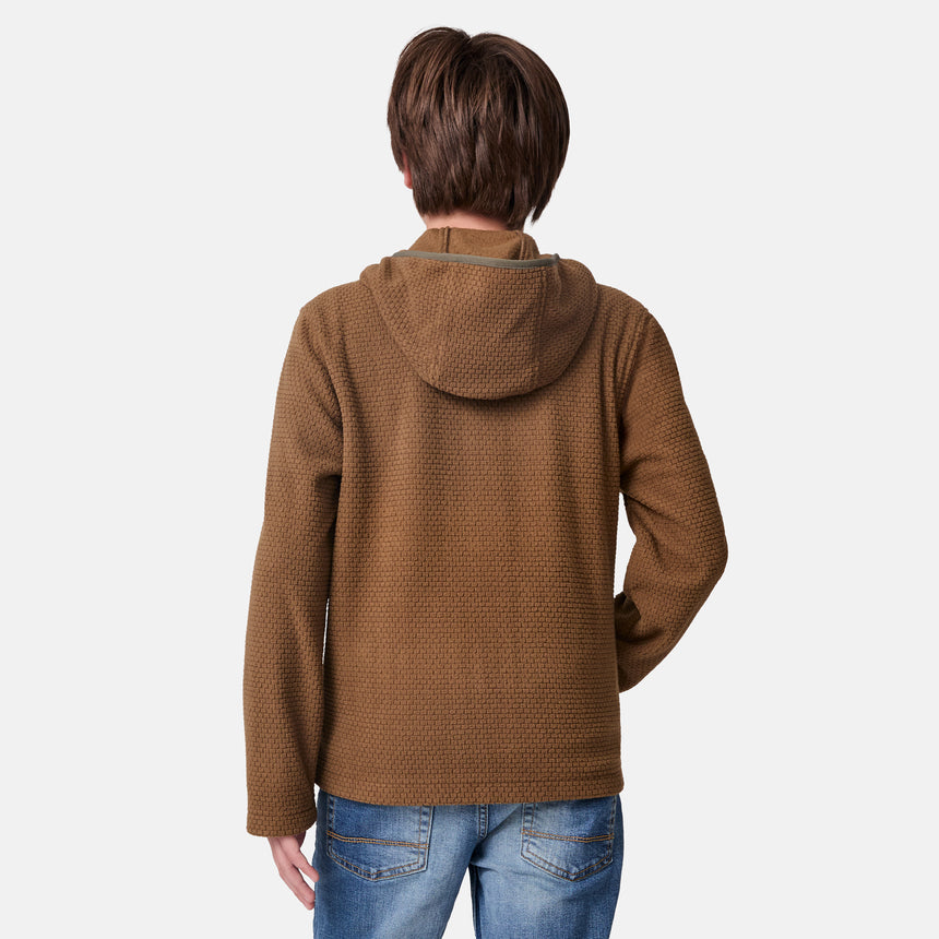 [River is wearing size M.] Person wearing a brown textured hoodie on a white background