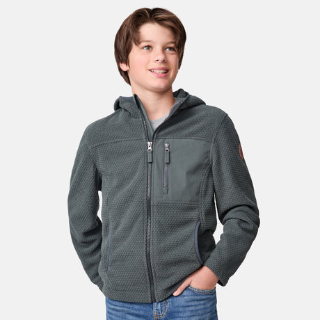 [River is wearing size M.] Child wearing a gray/green hooded jacket on a white background