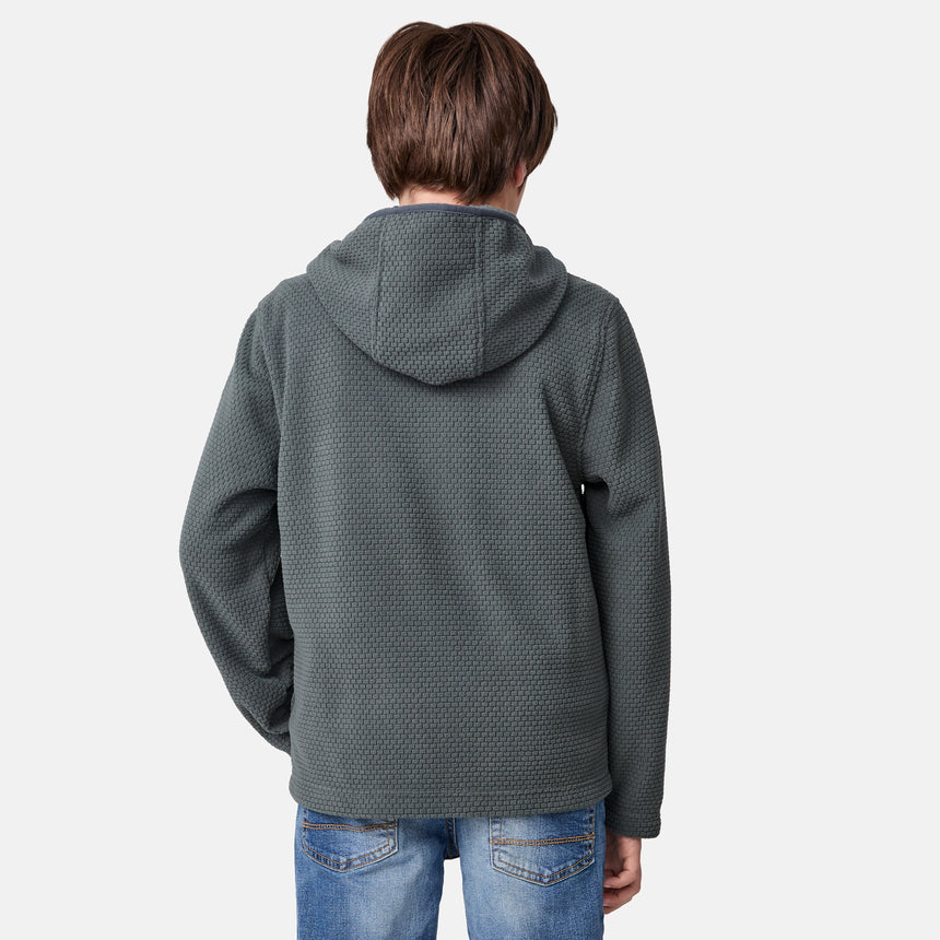[River is wearing size M.] Person wearing a gray/green textured hoodie on a light gray background