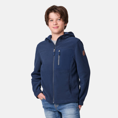 [River is wearing size M.] Person wearing a blue hooded jacket on a white background