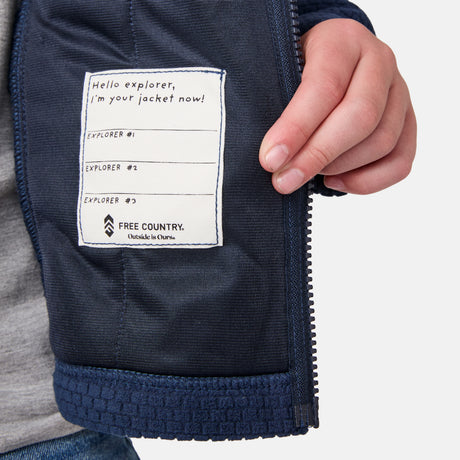 [River is wearing size M.] Navy jacket with a label on a light gray background