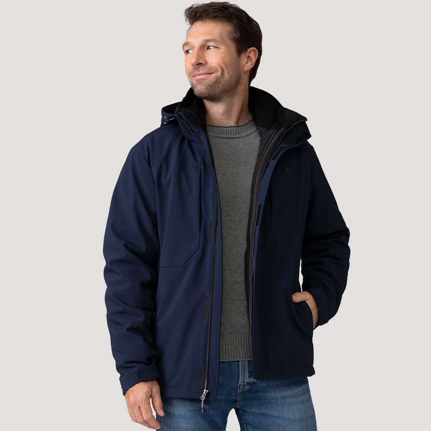 [Vince is 6'1" wearing a size Medium.] Men's Atalaya III 3-in-1 Systems Jacket - Navy #color_navy