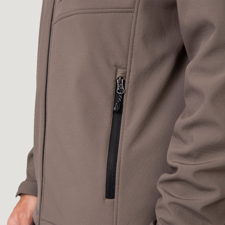 Front zipper and stitched pocket seam on Men's Hanson II Super Softshell Jacket in taupe