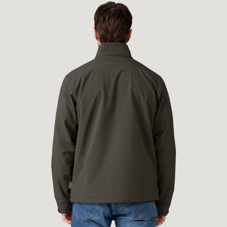 Back view of man wearing Hanson II Super Softshell Jacket showcasing the high collar and back details