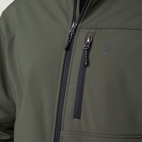 Front close-up of olive green Hanson II Super Softshell jacket showing dual zippers and stitched pocket detail.