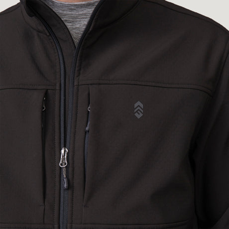 Close-up of a black, water-resistant Clearance Men’s Stretch Super Softshell® Jacket featuring a zipper, two vertical chest pockets, and a logo on the upper left.