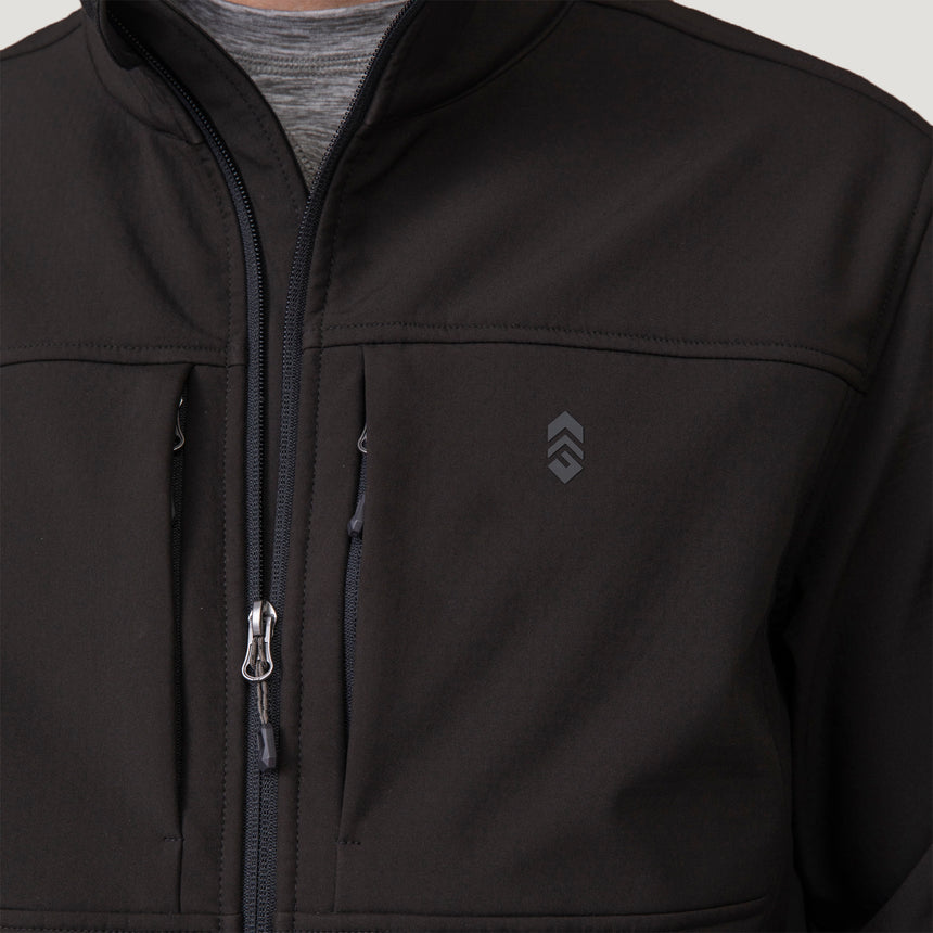 Close-up of a black, water-resistant Clearance Men’s Stretch Super Softshell® Jacket featuring a zipper, two vertical chest pockets, and a logo on the upper left.