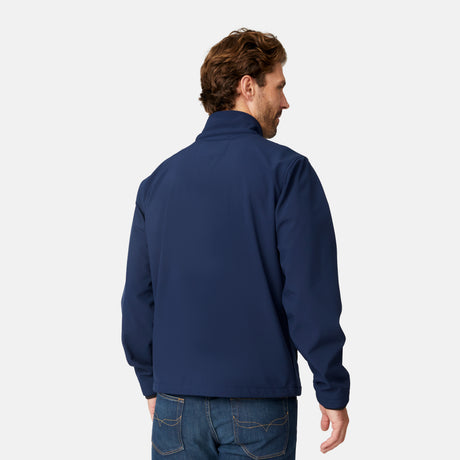 [Matt is 6'2" wearing size M.] Men’s Free Country navy zip-front softshell jacket with high stand collar and minimalistic design, worn over a light blue shirt and paired with blue jeans—delivering a clean, everyday look with subtle utility and transitional weather appeal.