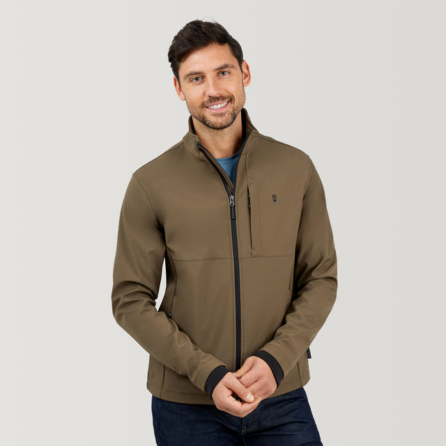 [Alex is 6'2” wearing a size Medium.] Men's Lanier Super Softshell® Jacket - M- Saddle - #color_saddle