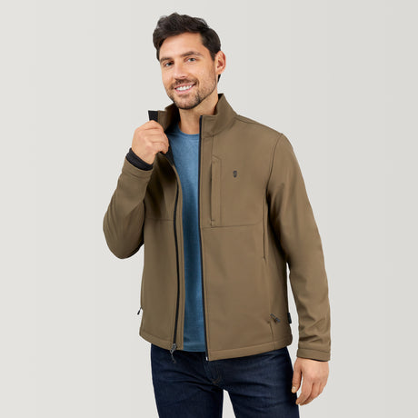 [Alex is 6'2” wearing a size Medium.] Men's Lanier Super Softshell® Jacket - M- Saddle - #color_saddle