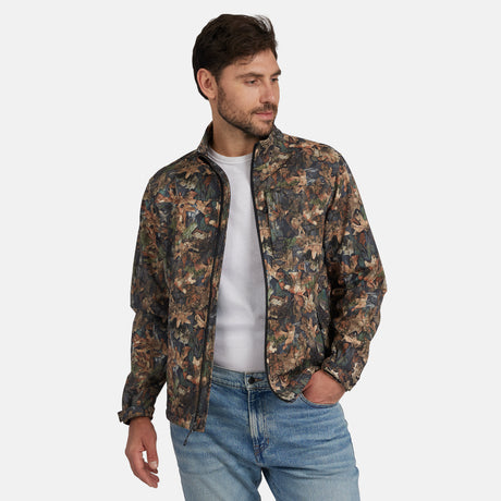 [Model is wearing size M.] A man wearing a lightweight zip-up jacket with an all-over abstract floral or painterly pattern in earthy tones, styled over a white t-shirt and blue jeans, against a plain light gray background.