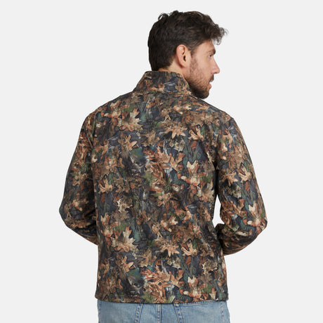 [Model is wearing size M.] A man viewed from the back wearing a camouflage jacket with a leaf pattern in shades of brown, green, and black, paired with blue jeans against a light gray background.