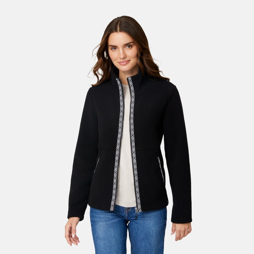 [Jessica is 5'9.5" wearing size S.] Woman wearing a black jacket with decorative zipper details on a white background