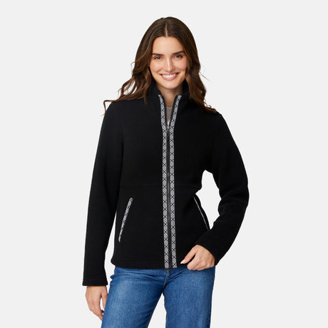 [Jessica is 5'9.5" wearing size S.] Woman wearing a black jacket with decorative zipper details on a white background