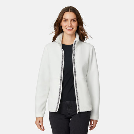 [Jessica is 5'9.5" wearing size S.] Woman wearing a white fleece jacket with decorative zipper details on a white background on a white background