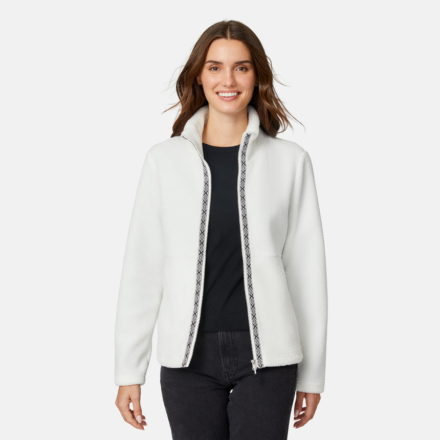 [Jessica is 5'9.5" wearing size S.] Woman wearing a white fleece jacket with decorative zipper details on a white background on a white background