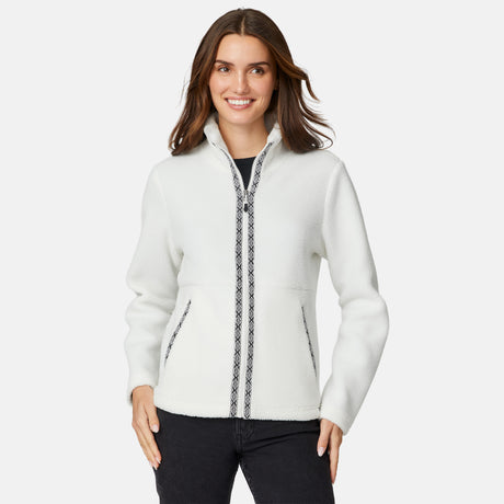 [Jessica is 5'9.5" wearing size S.] Woman wearing a white fleece jacket with decorative zipper details on a white background on a white background