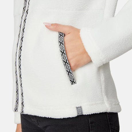 [Jessica is 5'9.5" wearing size S.] Woman wearing a white fleece jacket with decorative zipper details on a white background on a white background