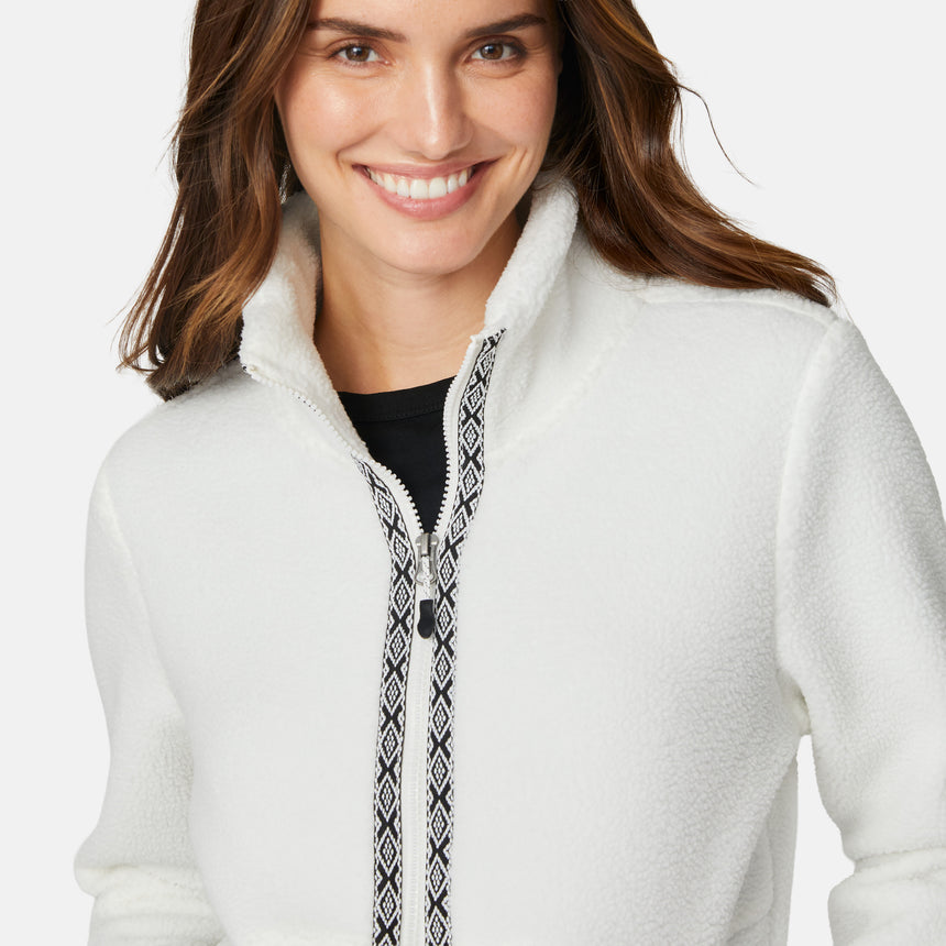 [Jessica is 5'9.5" wearing size S.] Woman wearing a white fleece jacket with decorative zipper details on a white background on a white background