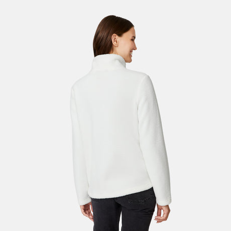 [Jessica is 5'9.5" wearing size S.] Woman wearing a white fleece jacket with decorative zipper details on a white background on a white background