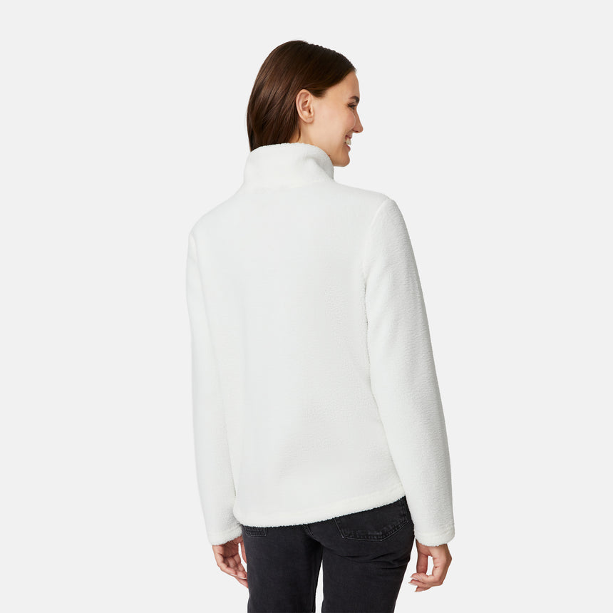 [Jessica is 5'9.5" wearing size S.] Woman wearing a white fleece jacket with decorative zipper details on a white background on a white background