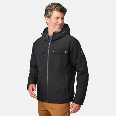 [Kolby is 6'2" wearing size M.] Men’s Free Country black hooded jacket with full-zip front, dual flap chest pockets, and button cuffs—featuring a clean silhouette and utility styling. Paired with brown pants for a rugged, cold-weather look that blends trail-ready function with everyday wearability.
