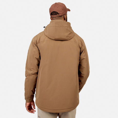 [Model is wearing size M.] A man viewed from behind wearing a tan hooded jacket, a brown baseball cap, and light beige pants, set against a plain light gray studio background.