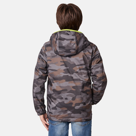 A child is seen from the back against a plain white background wearing the Clearance Boys' Brisk Walk Windshear Jacket in gray camo print and blue jeans.