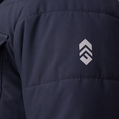 Close-up of a dark blue Free Country Boys' Trail Puffer Hoodie Shacket sleeve, showcasing a white geometric logo with three stacked upward-pointing arrows.
