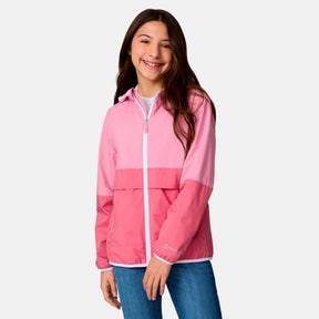 [Model is wearing a size Medium.] Girl wearing the Free Country Girls' Easy Hiking Windshear Jacket in Rose Petal, size M, featuring two tones color made from recycled polyester fabric that provides four way stretch and water and wind resistance, layered over a white t shirt with blue jeans #color_ Rose-Petal