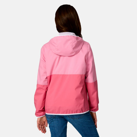 [Model is wearing a size Medium.] Girl wearing the Free Country Girls' Easy Hiking Windshear Jacket in Rose Petal, size M, featuring two tones color made from recycled polyester fabric that provides four way stretch and water and wind resistance, layered over a white t shirt with blue jeans #color_ Rose-Petal