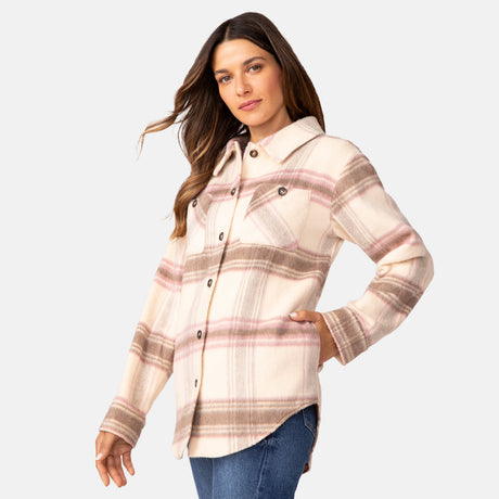 [Olga is 5’9" wearing a size Small.] Woman wearing Free Country Women's Hayley Plaid Shacket in pink and brown plaid with a full front button opening, chest pockets, light grey background. Best women’s jacket for fall weather.