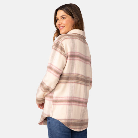 [Olga is 5’9" wearing a size Small.] Woman wearing Free Country Women's Hayley Plaid Shacket in pink and brown plaid with a full front button opening, chest pockets, light grey background. Best women’s jacket for fall weather.