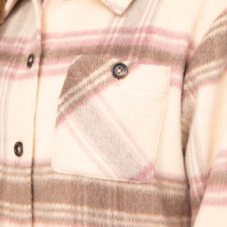 [Olga is 5’9" wearing a size Small.] Woman wearing Free Country Women's Hayley Plaid Shacket in pink and brown plaid with a full front button opening, chest pockets, light grey background. Best women’s jacket for fall weather.