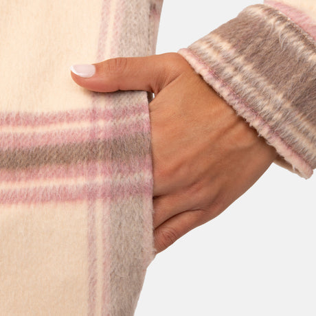 [Olga is 5’9" wearing a size Small.] Woman wearing Free Country Women's Hayley Plaid Shacket in pink and brown plaid with a full front button opening, chest pockets, light grey background. Best women’s jacket for fall weather.